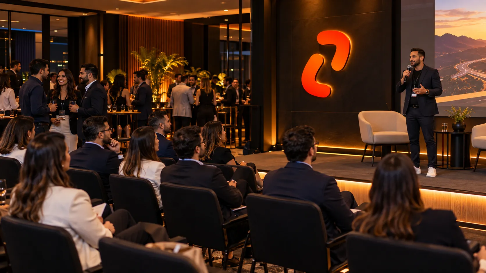 Evento Club Mottor: palestrante no palco diante do símbolo Mottor iluminado e plateia em networking
