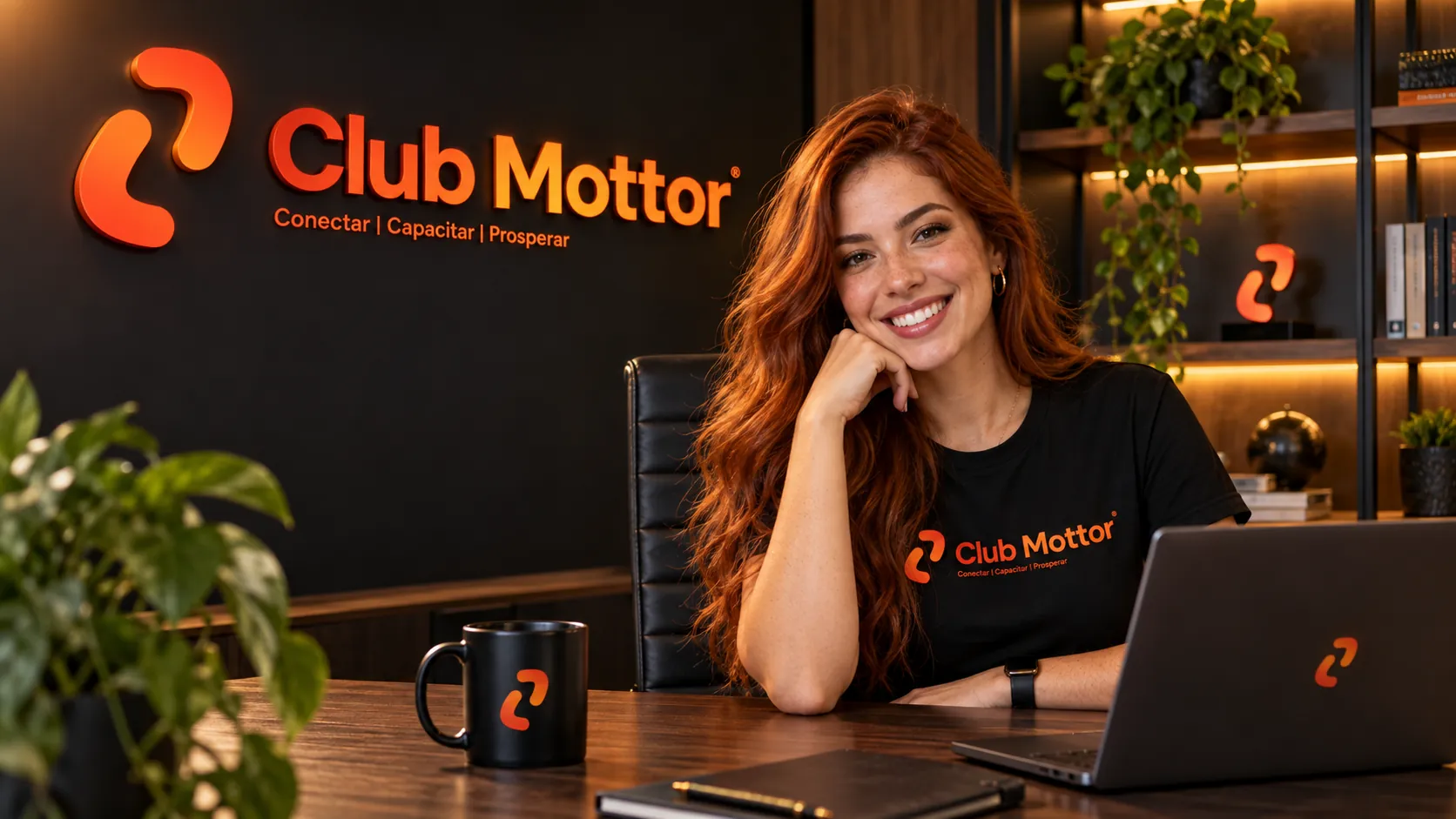 Integrante do Club Mottor sorrindo à mesa de trabalho, com a marca Mottor ao fundo